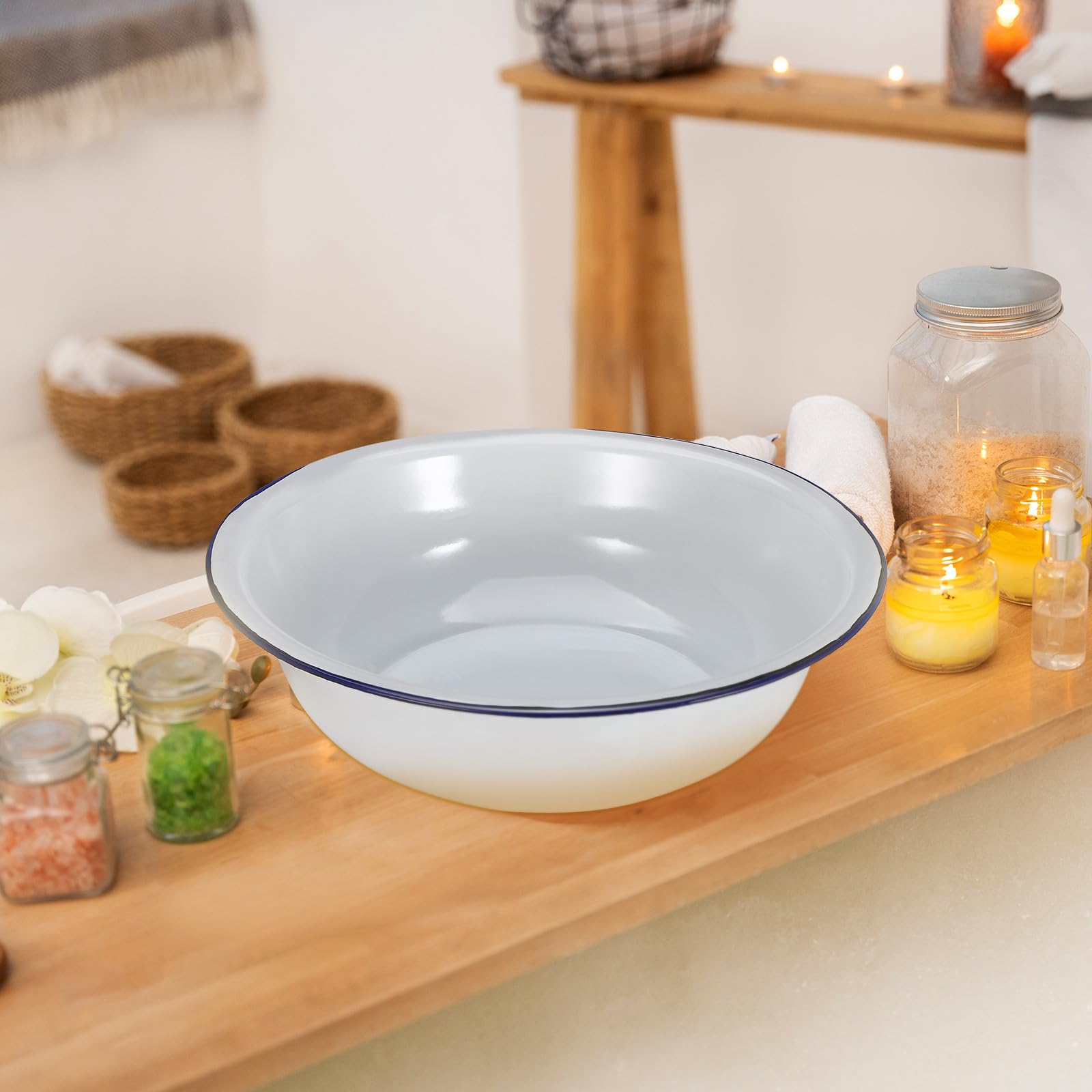 Bain de Pieds en Émail Rétro 30 Cm Bassin de Trempage Blanc Bord Bleu Multifonction pour Bain Pédicure et Lavage du Visage Pieds Solide et Facile à Nettoyer