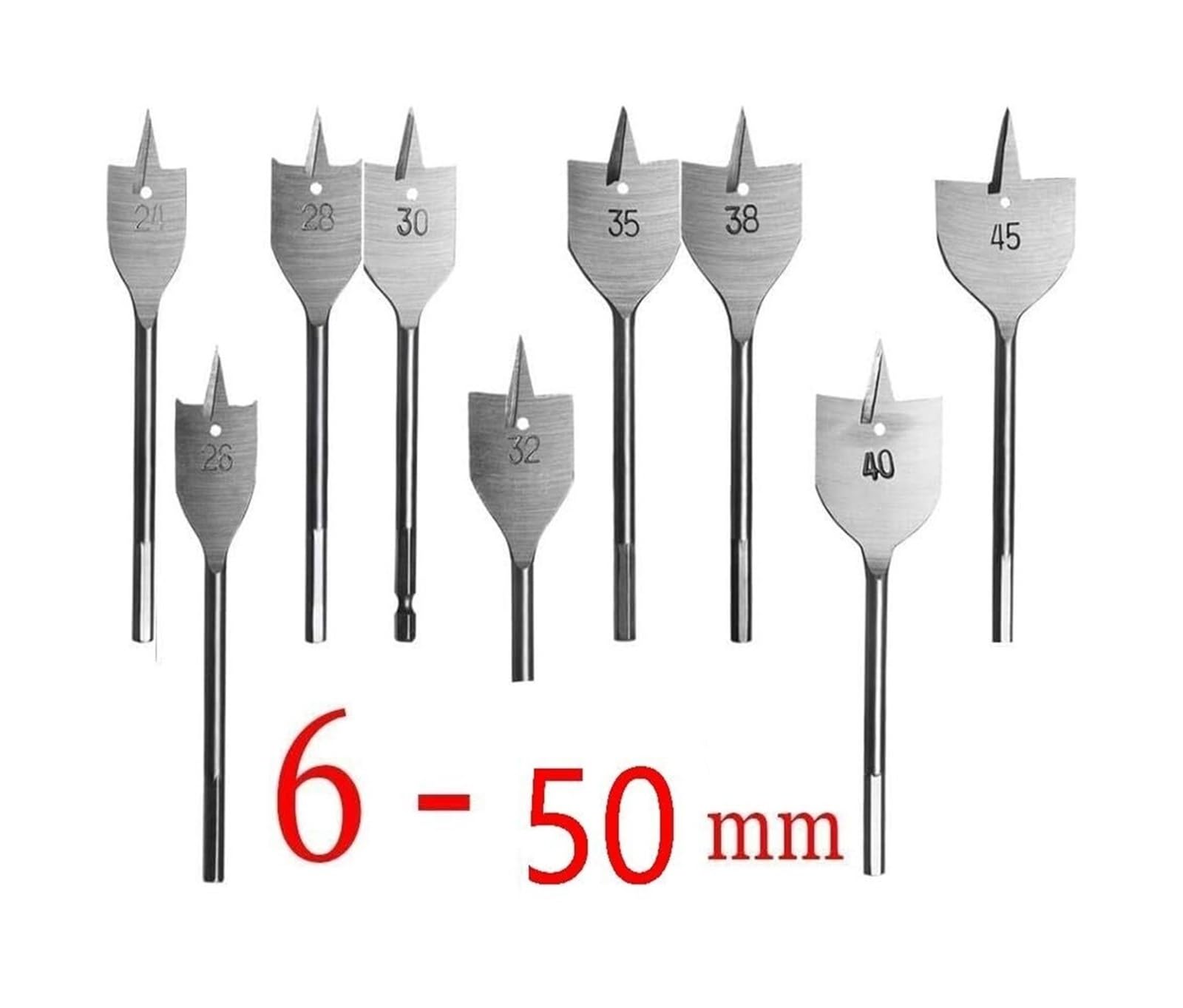 Zestaw wierteł, Zestaw 5 wierteł łopatkowych do obróbki drewna ze stali wysokowęglowej, płaskie wiertła do drewna 6-50 mm oraz mocne, precyzyjne wiertło płaskie do projektów z drewna