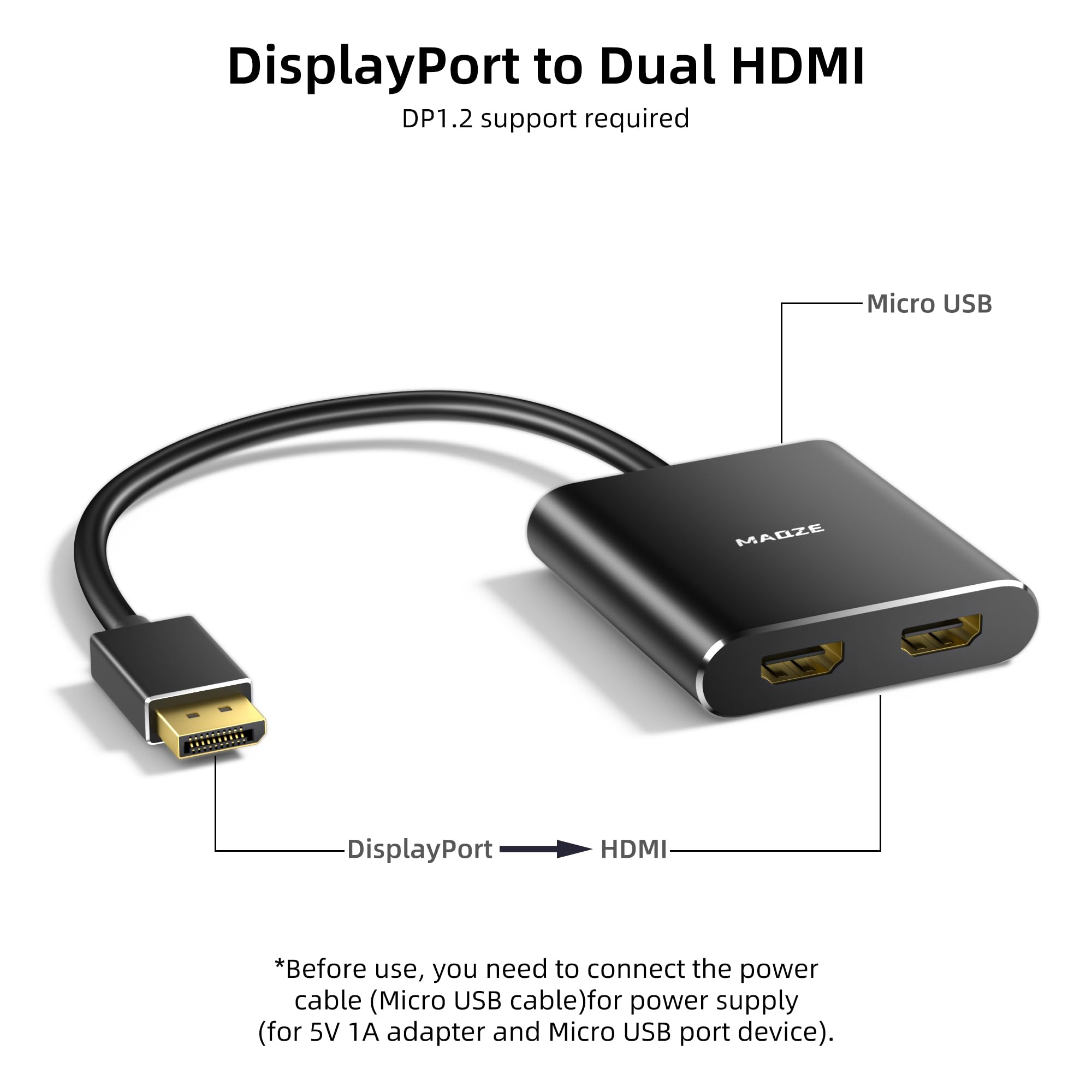 Adaptador DisplayPort 4K a 60Hz a HDMI dual, puerto de pantalla a 2 divisores HDMI, divisor de monitor dual MST para computadora, laptop, tarjeta gráfica, PC, Windows