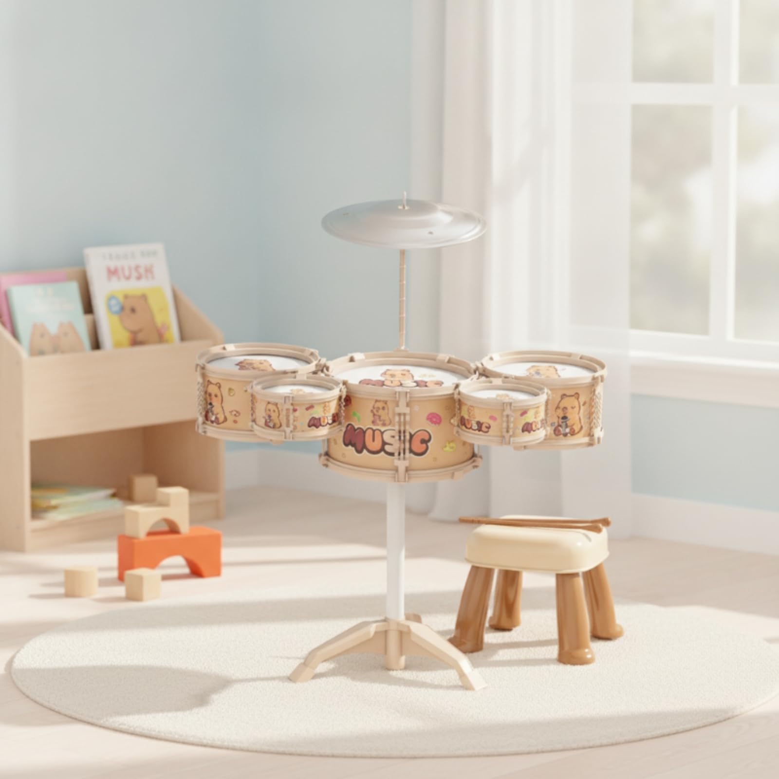 Harilla Batería Infantil de Juguete Set de Percusión Kit Musical Tambor para Niños Kit Completo con 5 Cuerpos y Platillo Sonido con Banqueta Adecuada para , Batería De Juguete con Diseño De Conejo
