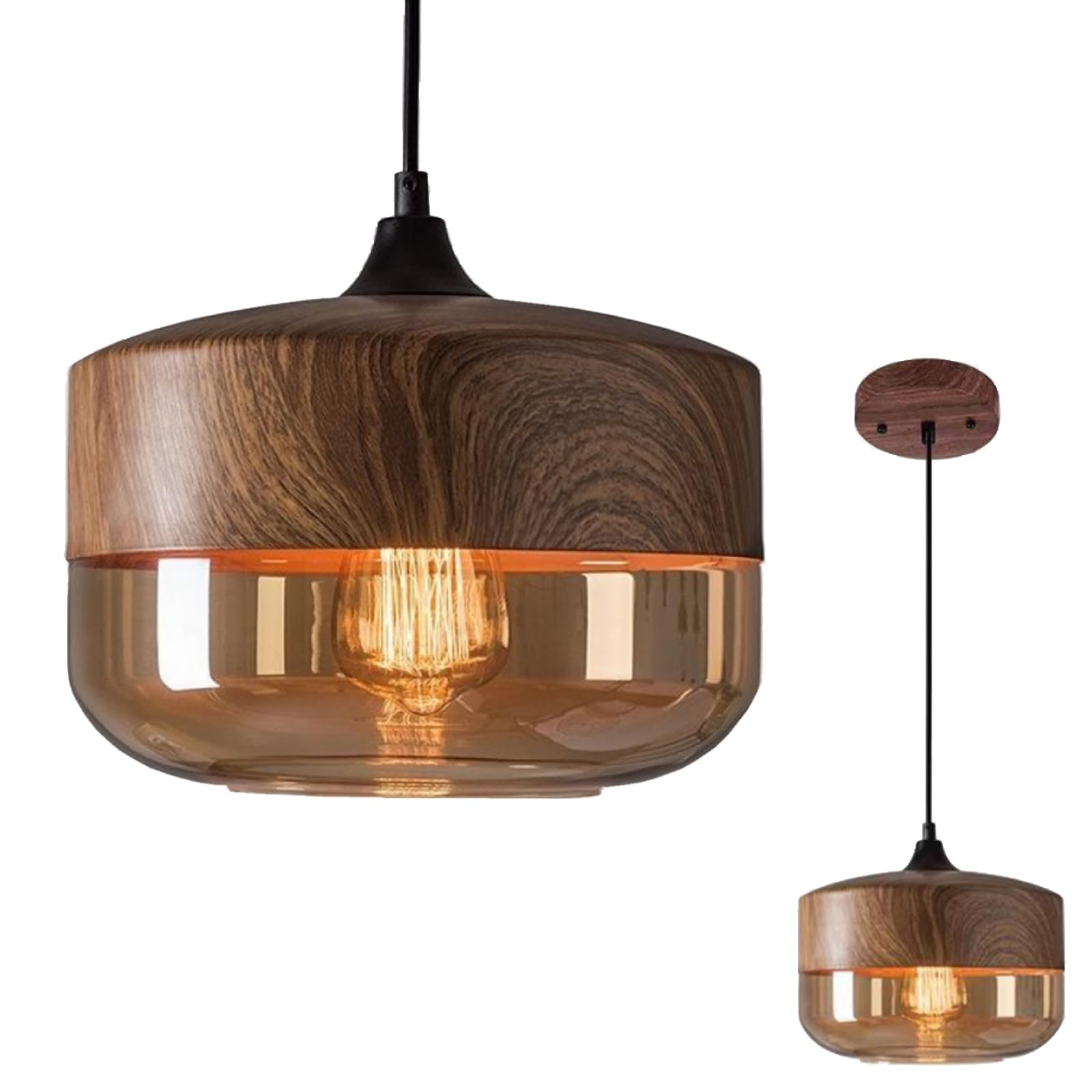 KXEcoLife Modern Pendant Light,Retro Industry Glass Light,Metal Wood Grain Finish Lighting,Kitchen Island Lighting, Amber Shade Ceiling Light Fixture,Brown,25.4cm/10in