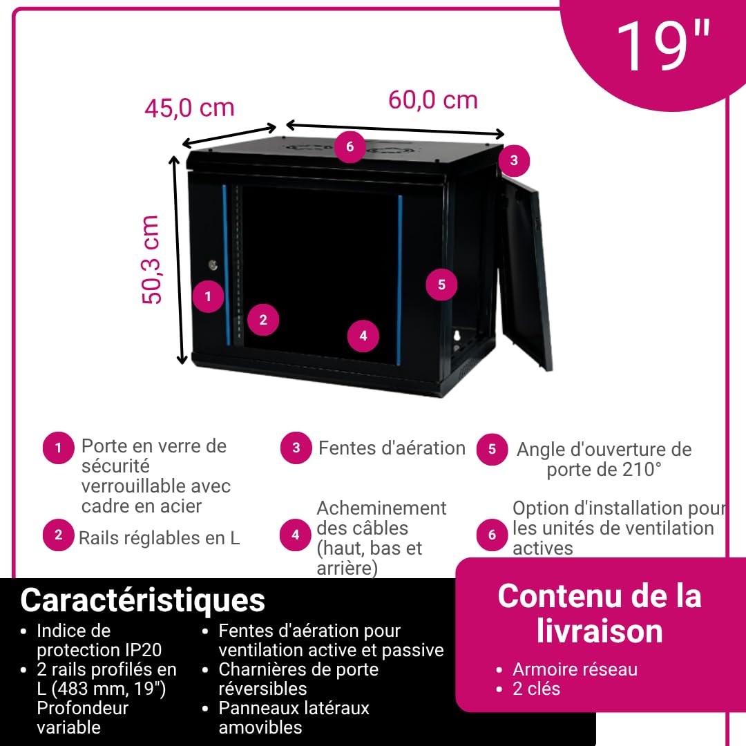Baie Murale 9U | Baie de Brassage 19 Pouces | Montage Mural | 450mm de Profondeur | 600x450x503 mm | Préassemblée | Porte en Verre Sécurisée avec Serrure | Charge Maximale 100kg (Noir (RAL 9005), 9U)