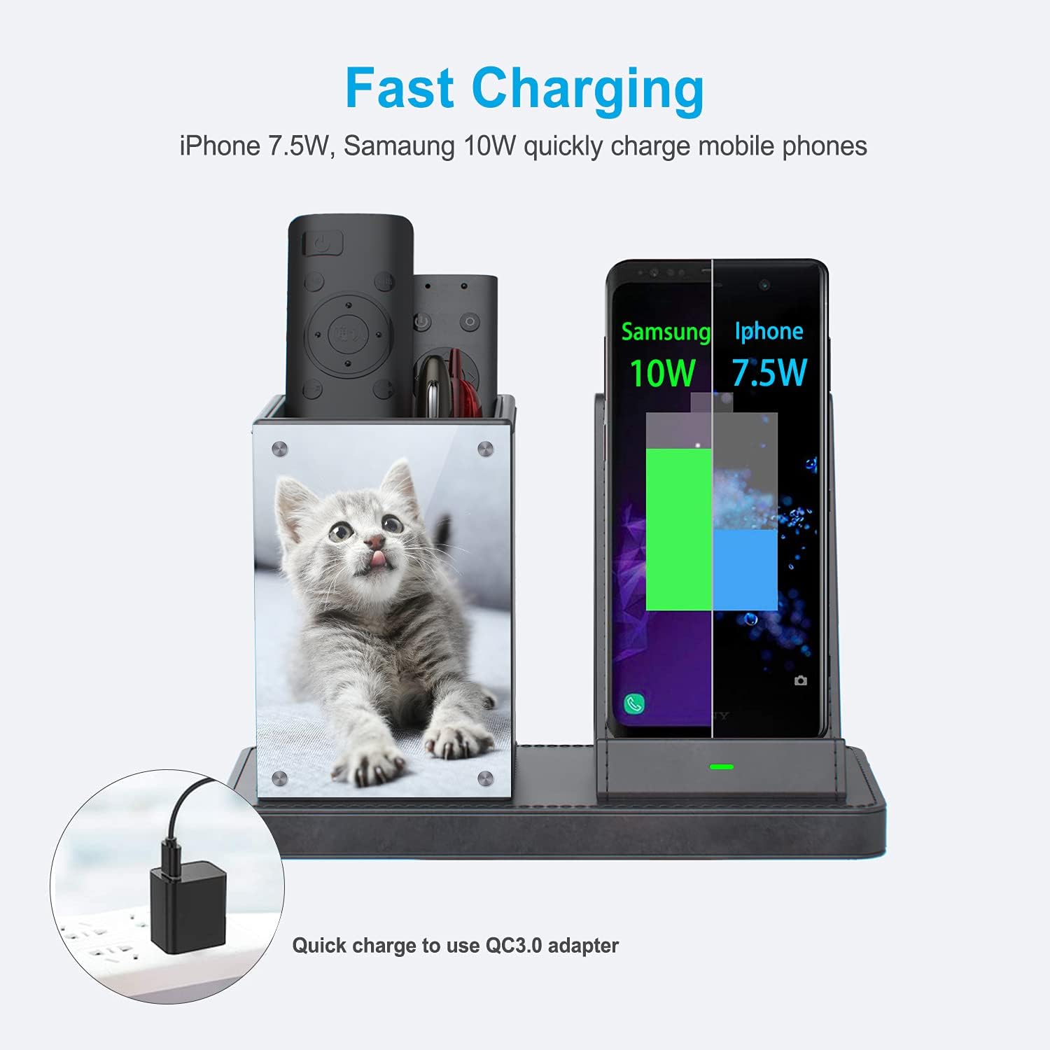 KINGFOM PU Leather Desk Organizer Pen Pencil Holder with Wireless Charger Stand, 10W Fast Wireless-Charging for iPhone 11, 11 Pro, 11 Pro Max, XR, Xs Max, XS, X, 8, 8 Plus(Gray)
