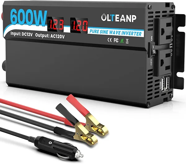 OLTEANP 600W Power Inverter Pure Sine Wave Inverter 12V DC to 120V AC Converter for Car, Truck, Home, Vehicles, Laptop, Car Inverter 12V to 110V with 2 AC Outlets, 2 USB Ports, LCD Display