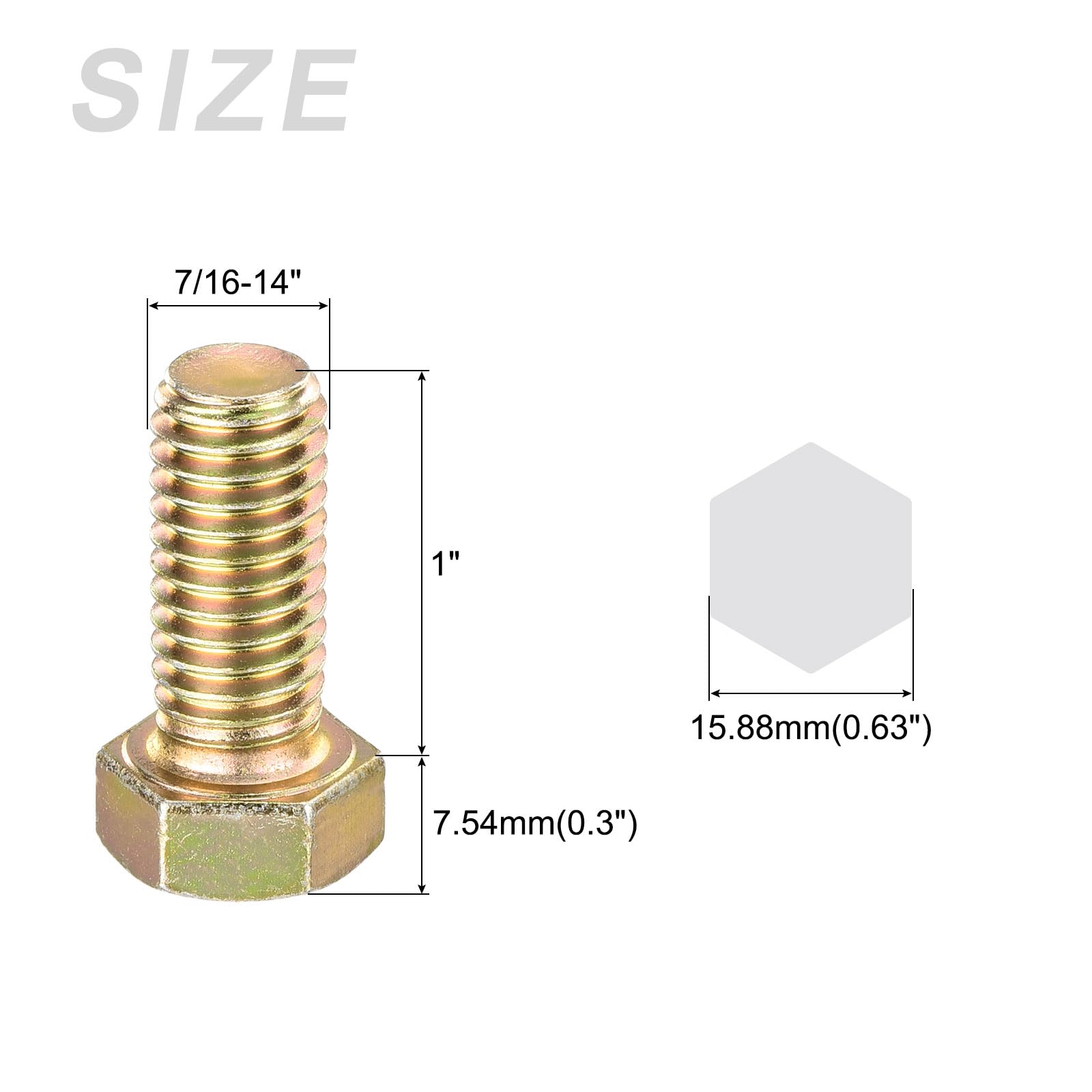 METALLIXITY Hex Bolts (7/16-14x1") 10Pcs, Carbon Steel Zinc Plated Fully Threaded UNC Hex Head Screw Bolt Machine Screws - for Furniture Repair, Yellow - Image 2