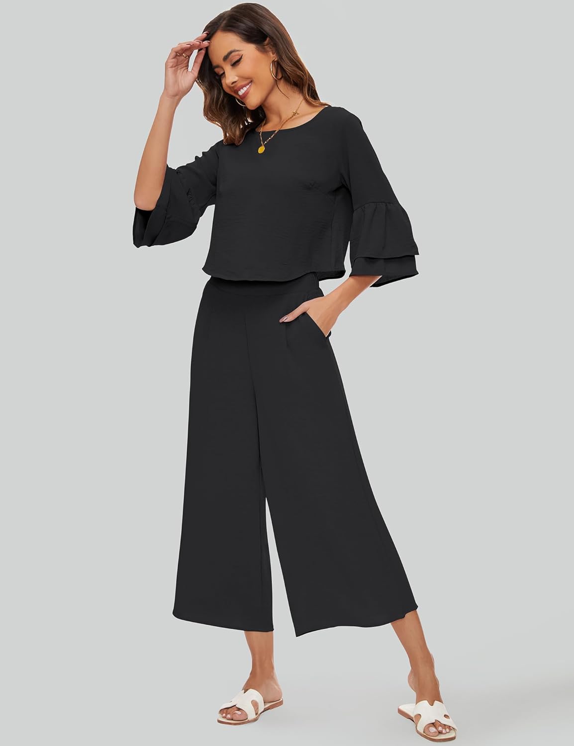 ROYLAMP Women's Summer 2 Piece Outfits Bell Sleeve Round Neck Crop Top Wide Leg Pants Set Matching Lounge Set with pockets - Image 3