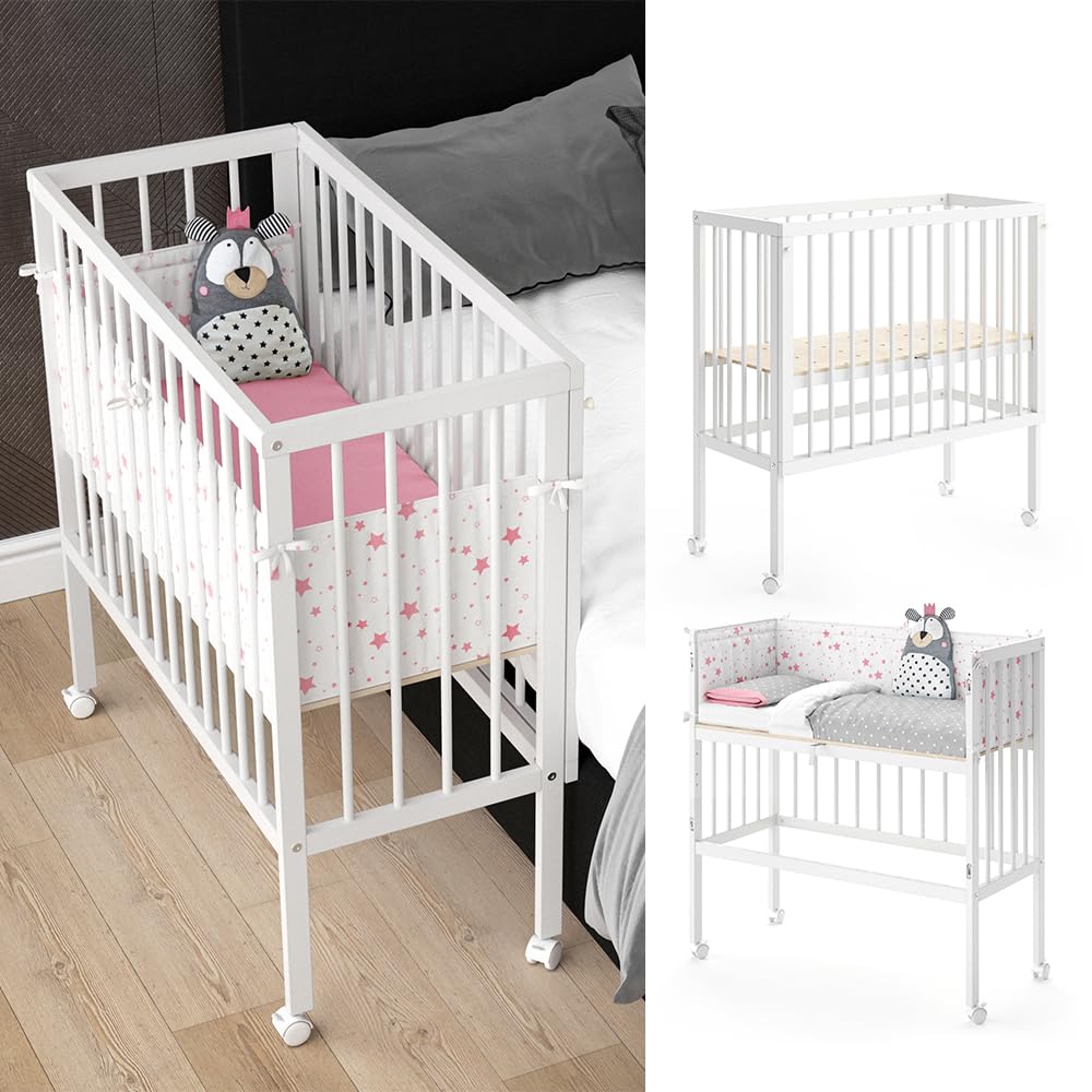 VitaliSpa Lettino da attaccare al letto Sophie, Bianco, 94 x 42.5 cm 2 guide laterali, regolabile in altezza con ruote e fissaggio al letto dei genitori
