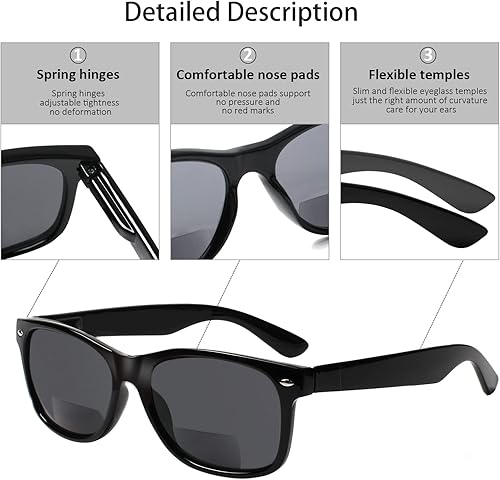 Miniatura 9 de Paquete de 4 lentes de lectura bifocales, lentes grises, bisagra de resorte, lentes de sol para exteriores, lentes de sol bifocales de moda, para