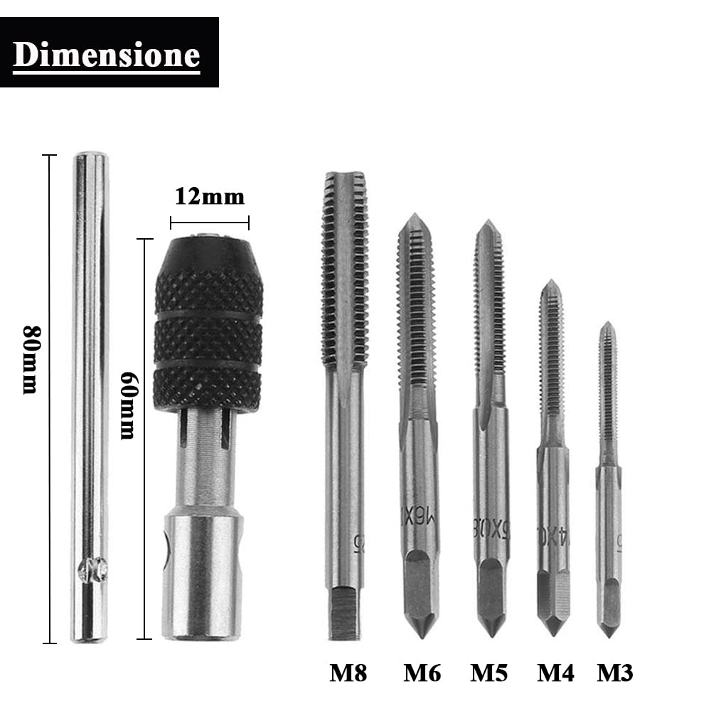 Giramaschi Regolabile a Cricchetto con Impugnatura a T, Set di 5 Filettatura Metrica per Filettare M3/4/5/6/8 HSS Maschi