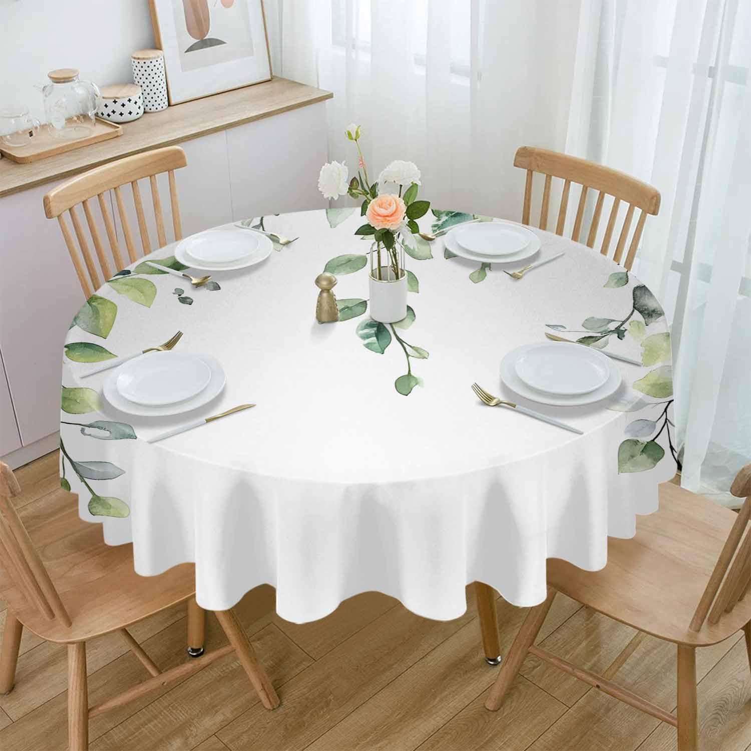 DecorLovee Green Eucalyptus Leaf Round Tablecloth 60 Inch - Waterproof Fabric Table Cloth Protector, Spring Botanical Leaves Floral Tablecloths