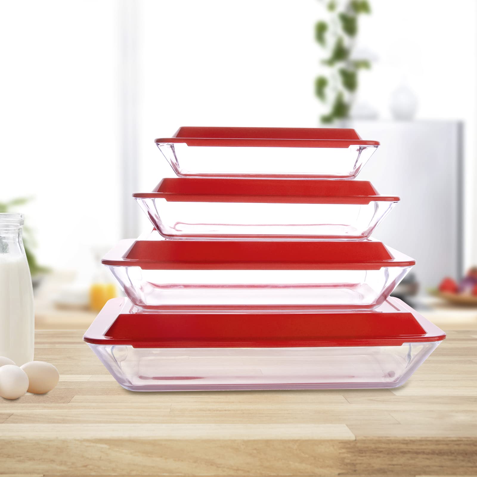 Set de 6 piezas de vidrio templado con tapa, rectangular, juego de moldes para horno, congelador y lavavajillas (1L + 1.5L + 2.5L + 3.8L)