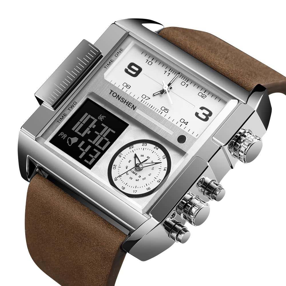 TONSHEN Moda męska cyfrowy zegarek ze stali nierdzewnej ze skórzanym paskiem outdoorowy wojskowy wielofunkcyjny LED elektroniczny analogowy kwarcowy trzykrotne zegarki sportowe duża prostokątna tarcza, srebrny 3, pasek