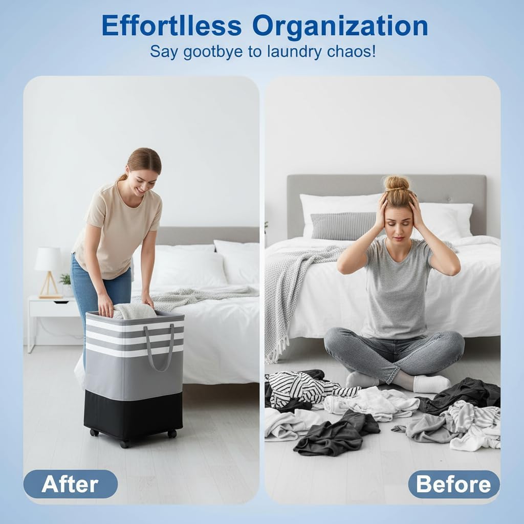 105L Large Laundry Basket with Wheels, Collapsible & Waterproof Hamper with Removable Mesh Bag, Freestanding Rolling Clothes Organizer for Bedroom, Bathroom, Laundry Room, Grey
