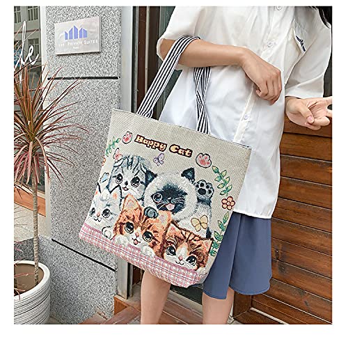 Image of Women's Canvas Cat Print Shoulder Bag - Cat Graphic Hobo Crossbody Handbag