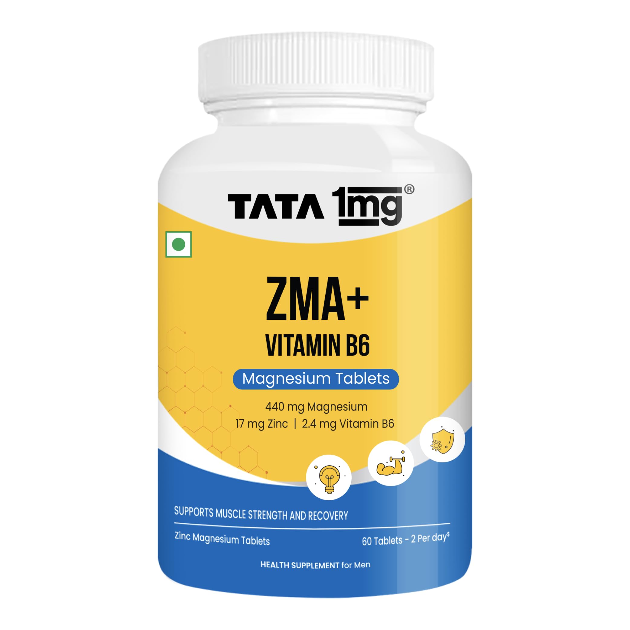TATA 1MG ZMA+ Vitamin B6 Tablets| 100% RDA of Magnesium & Vitamin B6 | High Absorption Zinc Citrate for Muscle Recovery, Sleep & Strength | Reduces Cramps & Fatigue | 60 Tablet