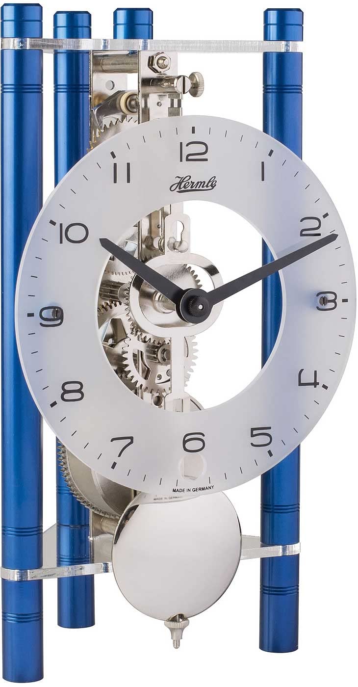 Hermle 23025-Q70721 Skeleton Table Clock with Anodised Aluminium Columns Triangle Arabic Dial Glass Blue Nickel Movement