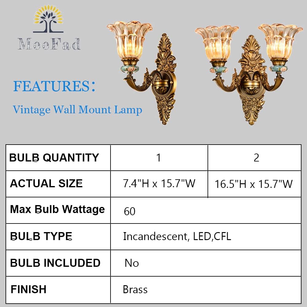 Meefad Vintage Rustic Wall Sconce, 1 Light Bedside Glass Wall Light, Porch Wall Lights for Bedroom, Hallway in Brass