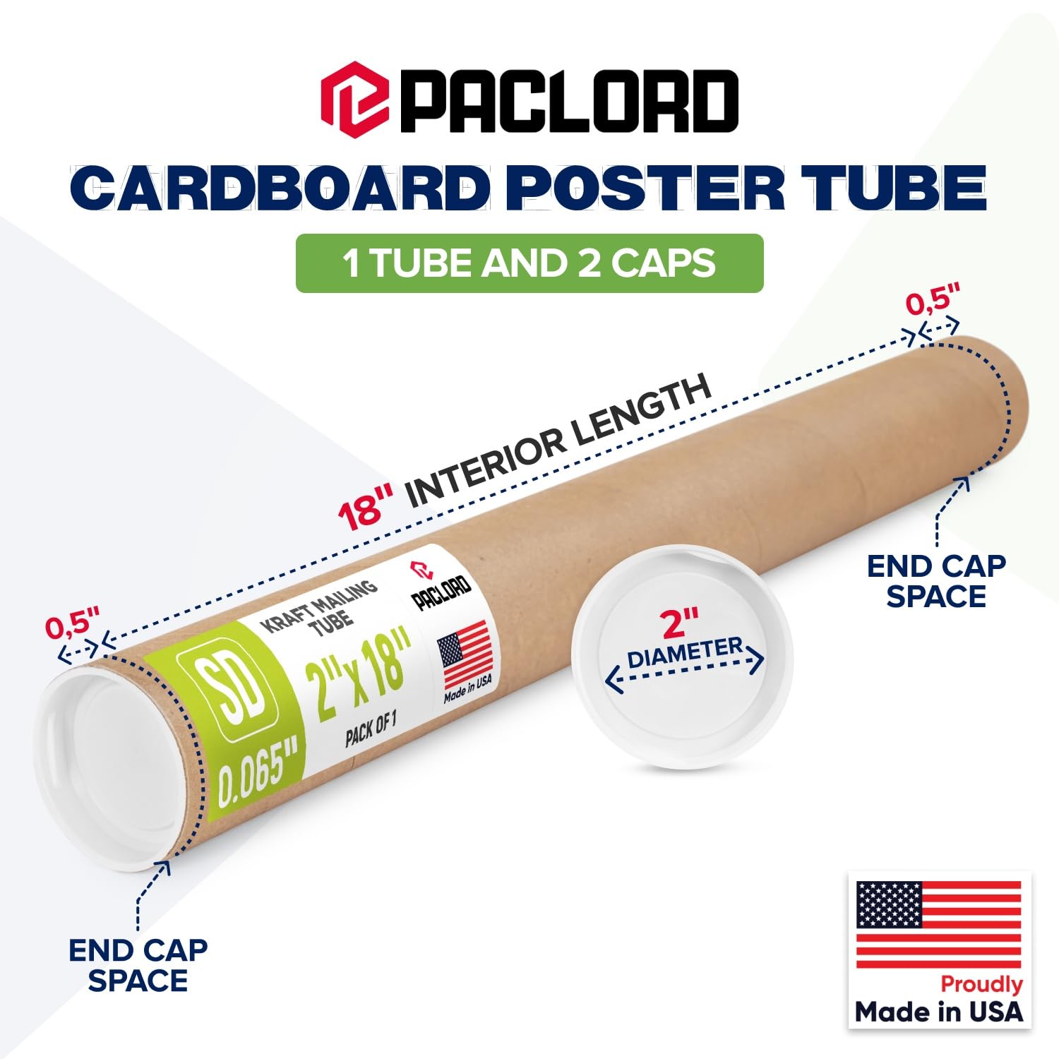 Tube d'expédition en papier kraft renforcé de 5,1 x 45,7 cm, lot de 1 tube avec 2 capuchons – Tube en carton sécurisé approuvé USPS – Tube en carton pour l'expédition et le stockage d'affiches