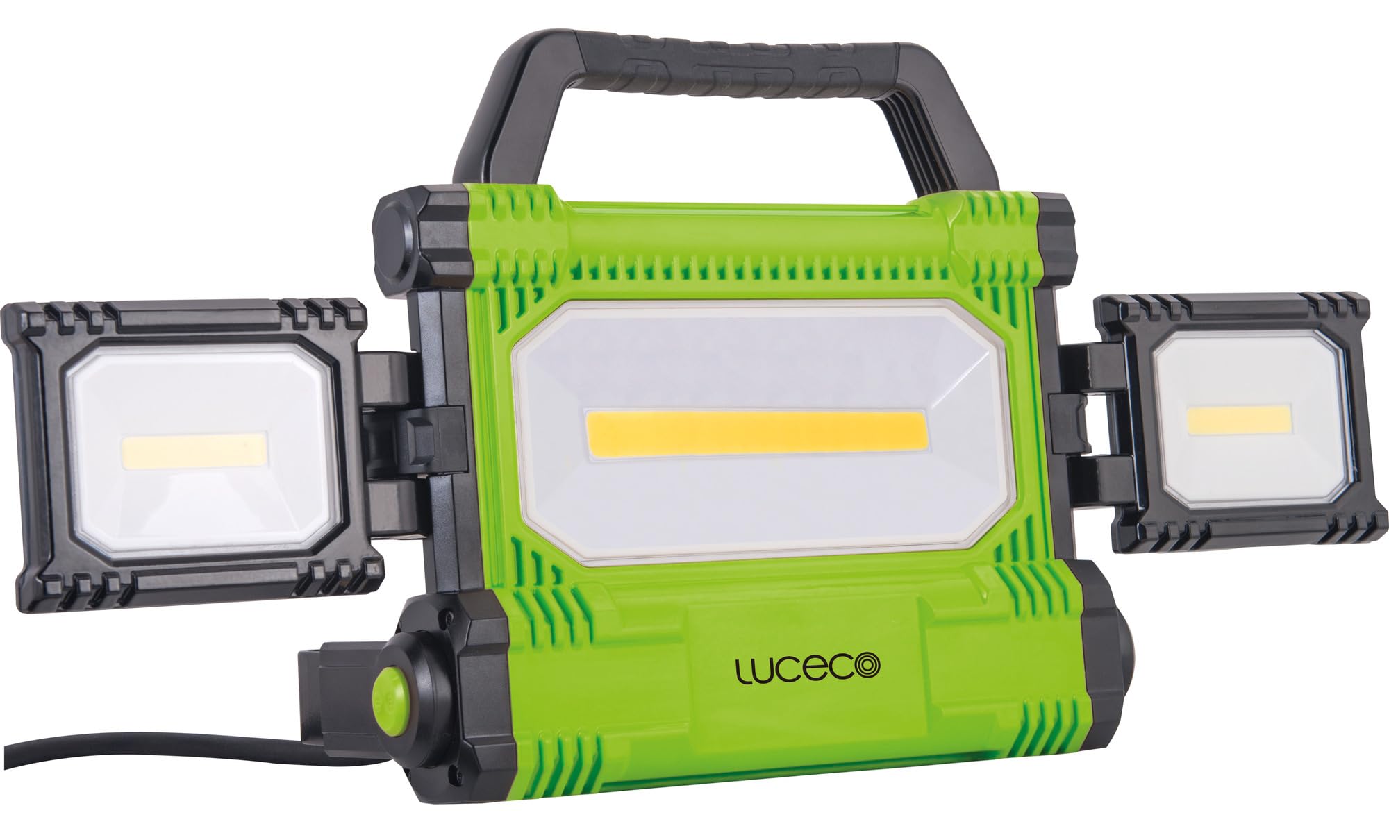 Luceco Luce da lavoro multidirezionale a LED con maniglia per il trasporto e luci laterali pieghevoli, 50 Watt, nero e verde