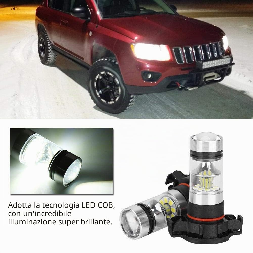 EBTOOLS Psx24W-Lampadina Fendinebbia 360° Beam Angle 2 Pcs 12-24V 100W 6000K Auto Bianca Lampada A Led Luminosa Per 2015-2018