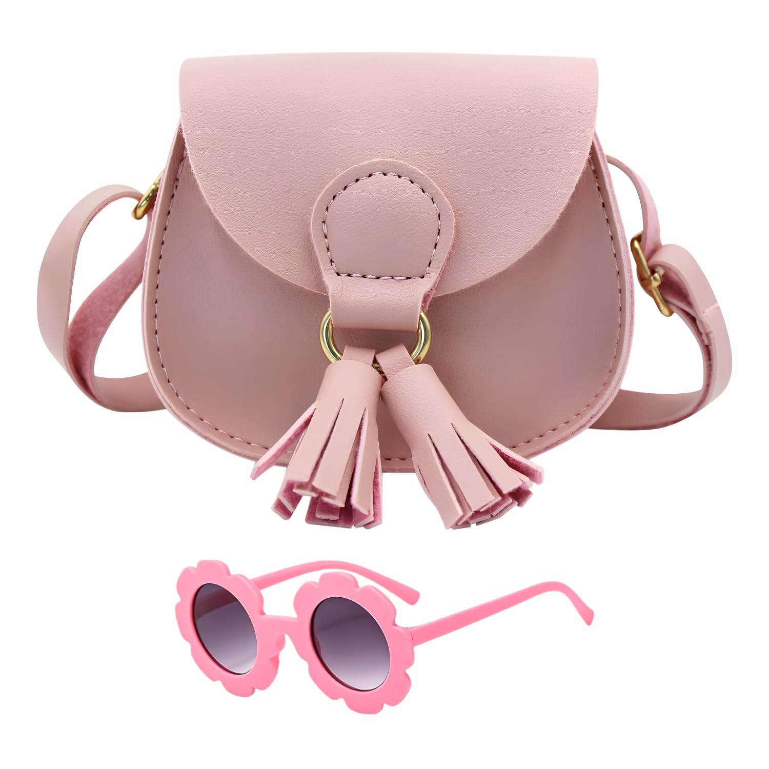 Kids Girls Sling Bag Pink with Tassels & Round Flower Sunglasses | Adjustable Strap Cute Small Crossbody Purse for Girls 3-10 Years-image-18