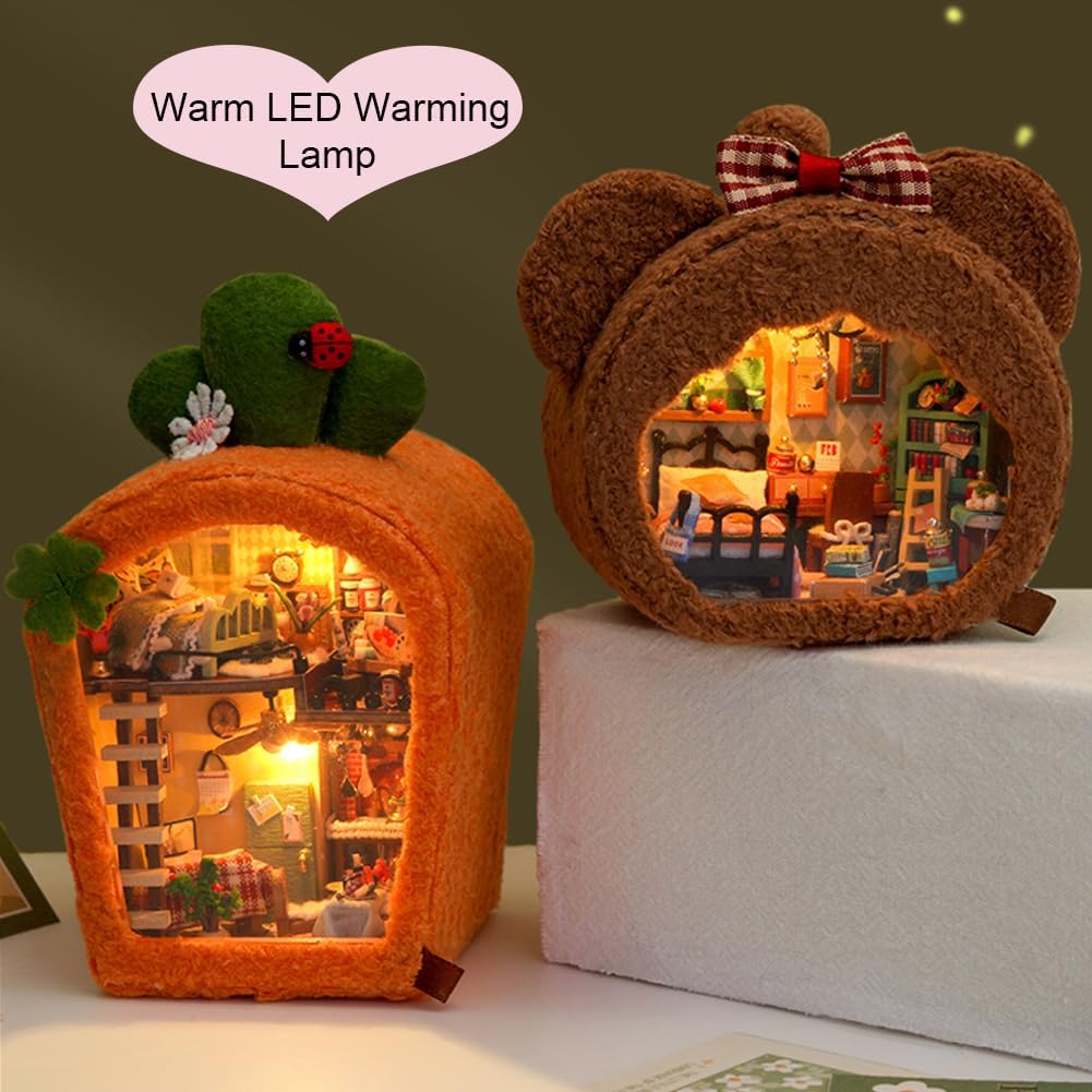 3D Wooden Doll House Kit, Mini House Miniature Dollhouse Tiny House Kit with Furniture and LED, DIY Crafts Kits for Adults and Women (2PCS)