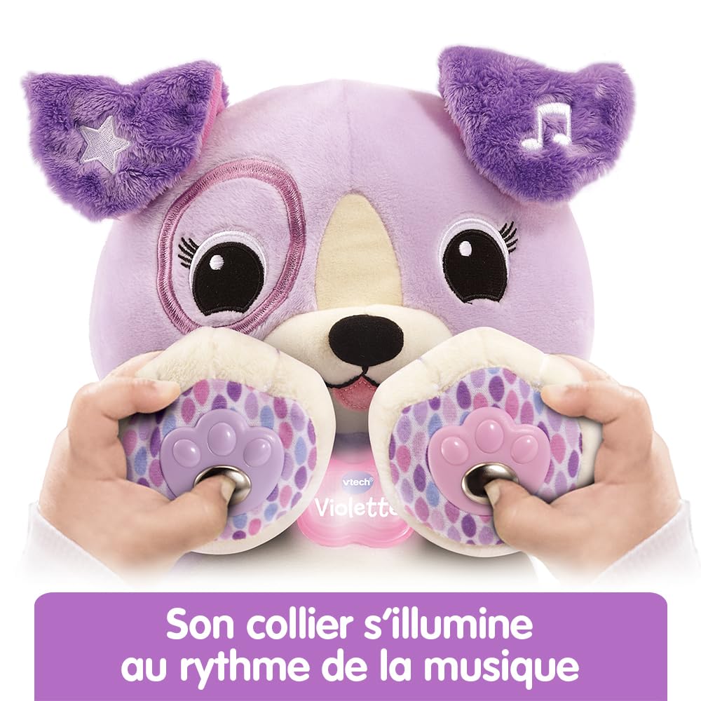VTech - Violette, Mon Amie Pattes Magiques, Peluche Bébé Sensorielle et Musicale, Chien Interactif, Doudou Personnalisé avec Prénom, Cadeau Enfant Dès 1 an - Contenu en Français