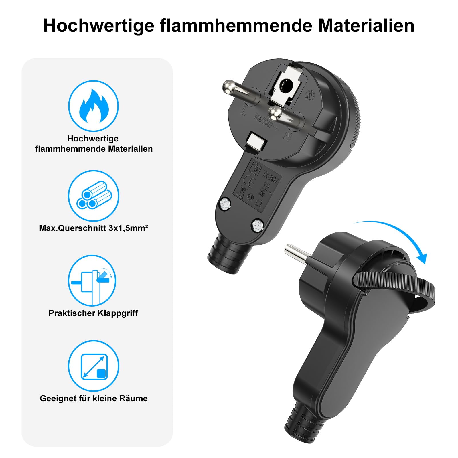 2 Stück Schuko Stecker Flach, Extraflach Schutzkontakt Winkelstecker mit Klappgriff, 250V 16A für Kabel bis 3x1,5 mm² Schuko Stecker Flachstecker Weiß