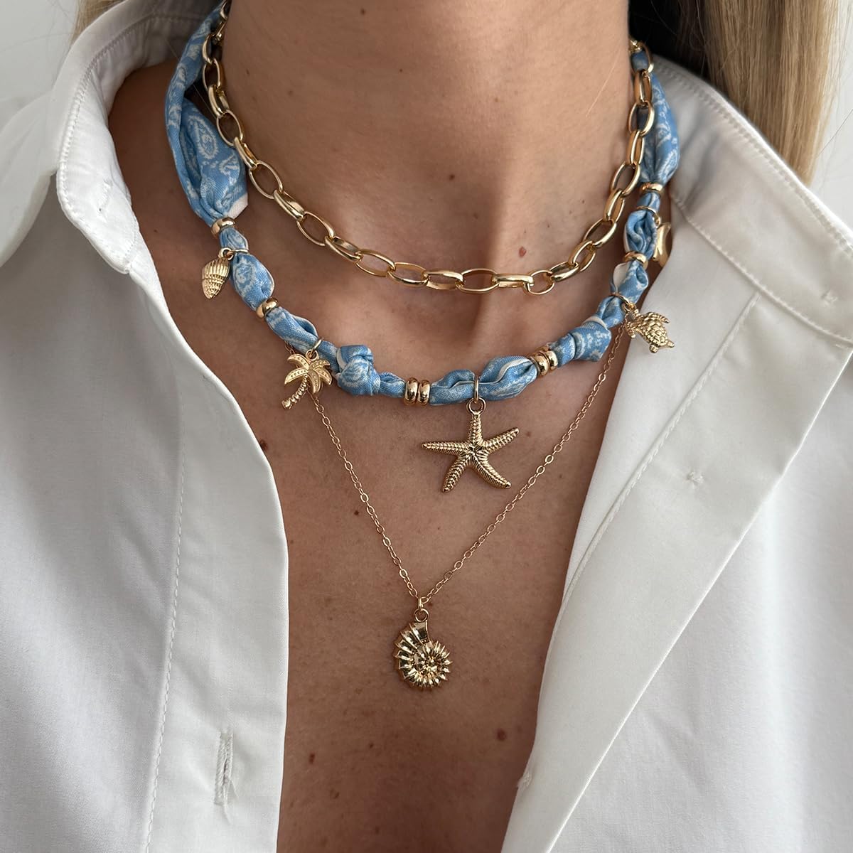 Layered Necklace Set for Women, Boho Beach & Vintage Statement Jewelry, 3PCS Gold Chain Starfish Shell Pearl Necklaces & Colorful Chunky Beaded Necklace