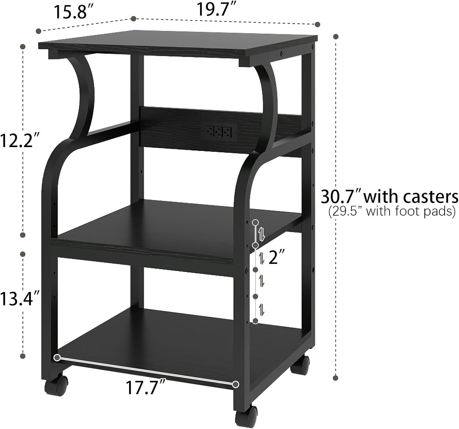 Natwind 3 Tier Printer Stand,Rolling Printer Table with Adjustable Storage Shelf for Home Office Organization,Multifunctional Shelves for Heat Press,3D Printer (Black)