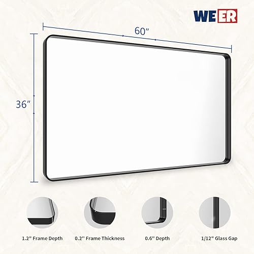 Miniatura 6 de WEER Espejo con marco de metal negro, espejo rectangular de pared negro mate de 60 x 36 pulgadas para baño, esquina redondeada, espejo de tocador de
