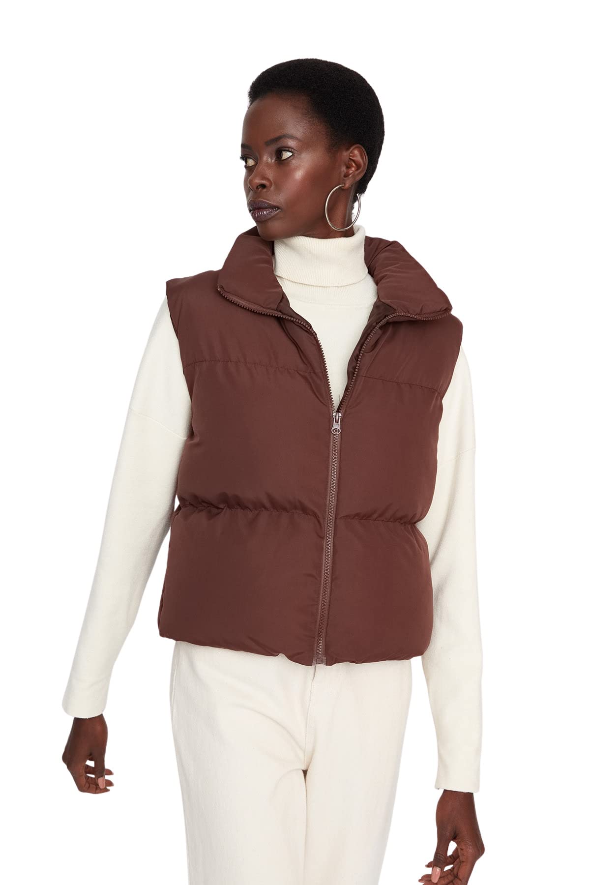 Trendyol Damen Braun -Weste, Normale Passform, Stehkragen, Gewebt, S, Small