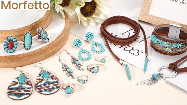 Milacolato Ensemble Bijoux Turquoise Boho - Collier Pendentif, Boucles, Bracelet & Bagues - Style Western
