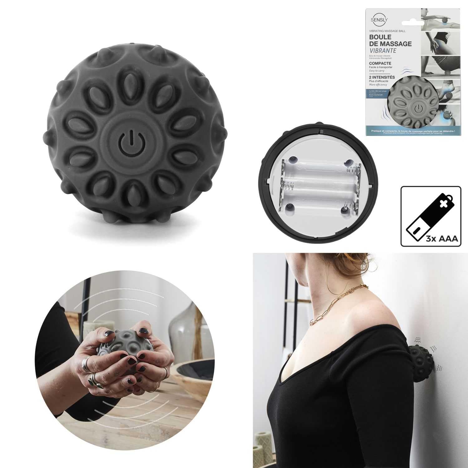 SENSLY, SB0006, Czarna wibracyjna piłka do masażu, 2 prędkości wibracji dla relaksu i rozluźnienia mięśni, Ergonomiczna i kompaktowa konstrukcja, Można stosować na całym ciele