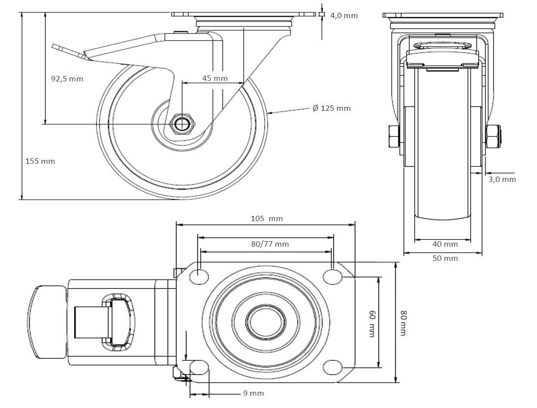 4 Lenkrollen mit Feststeller 125 mm Polyurethan braun "Alu"