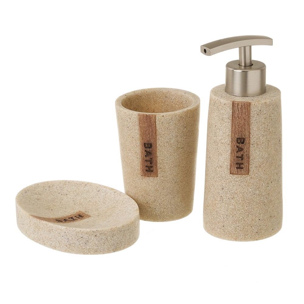 LOLAhome - Set de Accesorios de Baño de Resina Beige - Juego de 3 Piezas: Dispensador de Jabón, Jabonera y Vaso Portacepillos - Diseño Efecto Piedra Rústico y Moderno