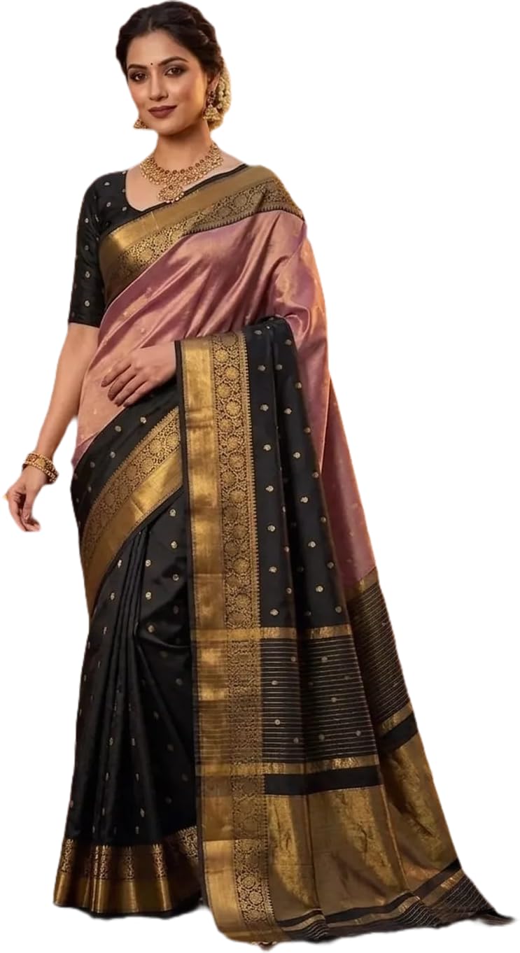 Aziz Creation Black & Rose Pink Tissue Silk Saree for Women-image-3
