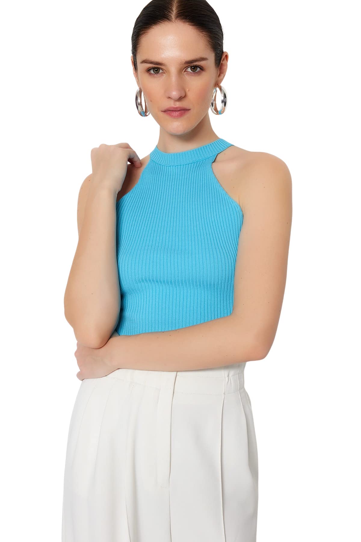 Trendyol Women Slim fit Basic Crew Neck Knitwear Blouse,Blue,S