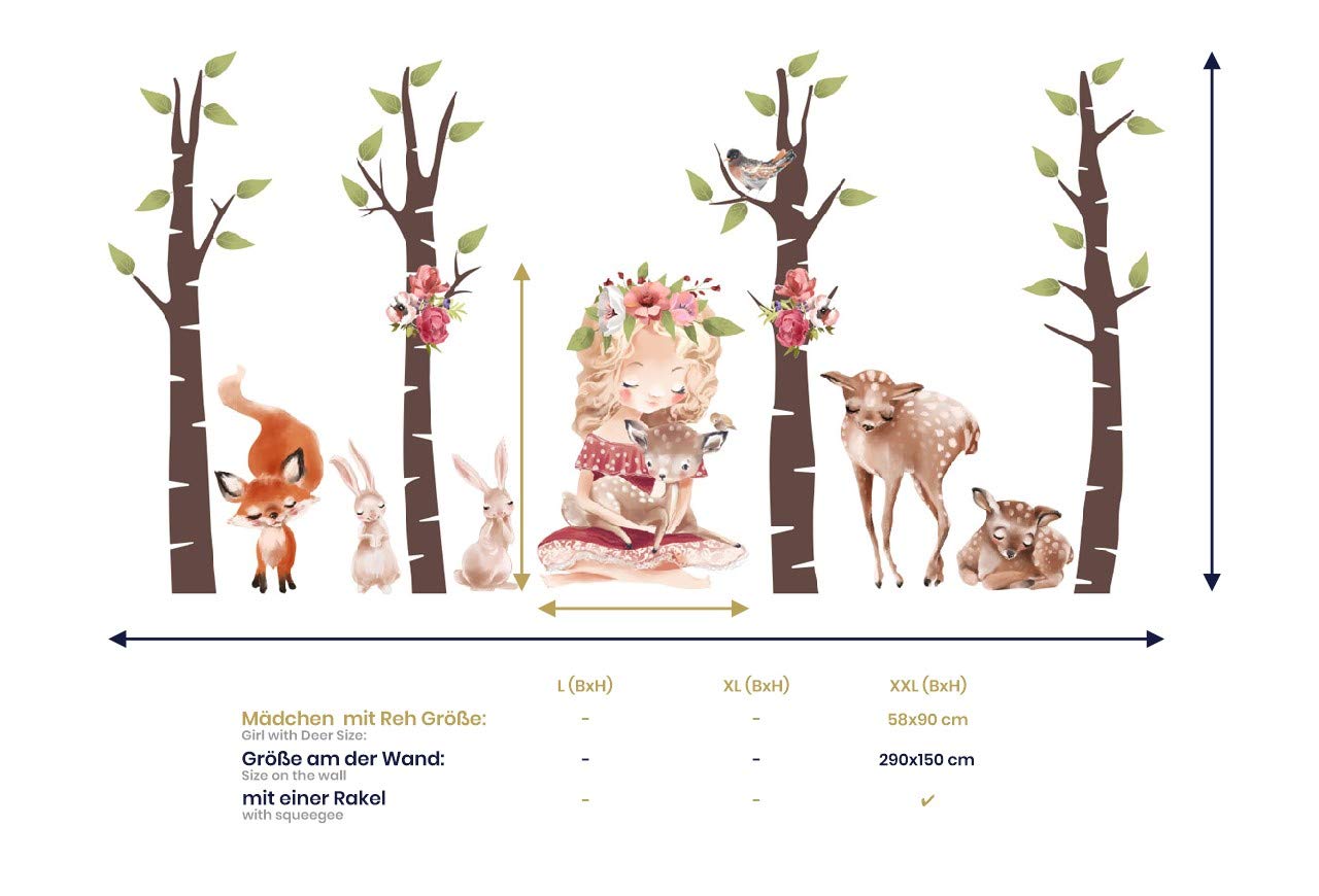 Stickers Muraux Enfants: Animaux de la Forêt et Filles (290x150cm) - Autocollant Mural - Decoration Chambre Bebe - Deco Chambre Enfant Fille & Garcon - Cerf, Renard, Oiseaux, Lapins os3630