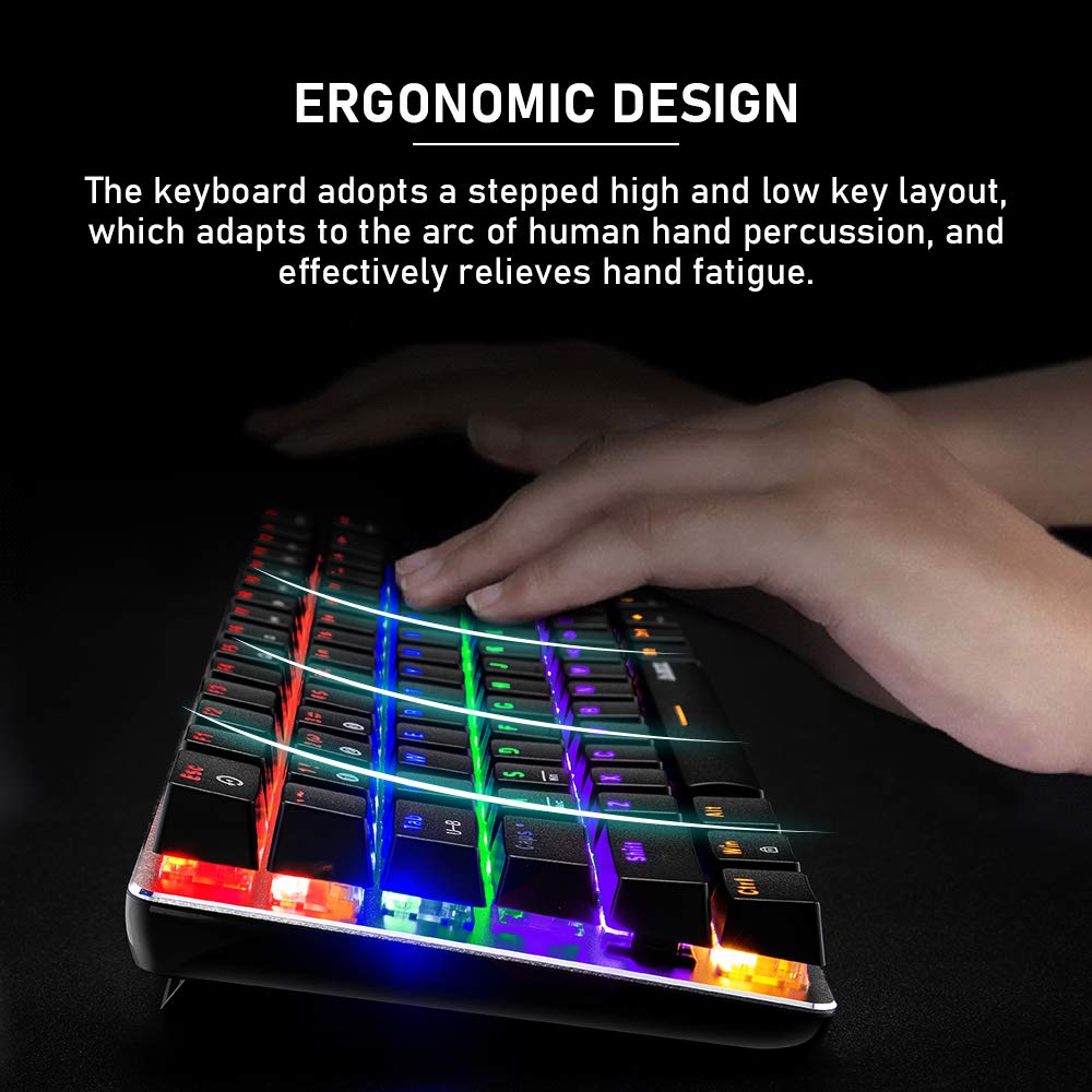 FELiCON AK33 Tastiera Meccanica Bluetooth Gaming Wireless & Wired due modalità, 3 canali di connessione Bluetooth, 18 Rainbow Backlit, QWERTY 82 Tasti anti-ghosting (interruttore blu, nero)