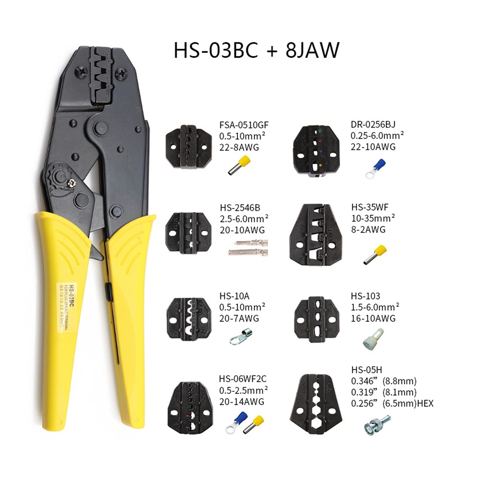 Szczypce do zaciskania HS-03BC 8 Szczęka do wtyczki/rury/izolację/brak izolacji/zaciskanie/koncentryczne zaciski kablowe Zestaw 230 mm Narzędzia zaciskowe,Wszechstronność W Najlepszym Wydan
