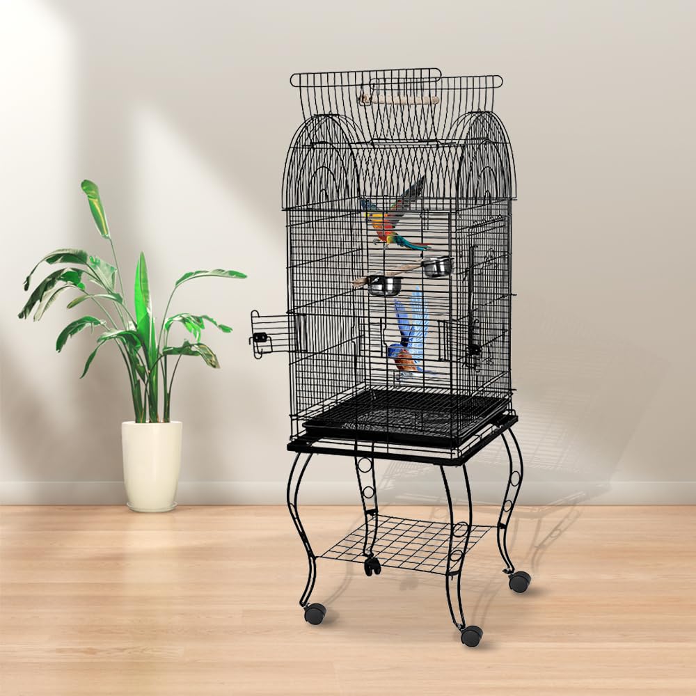 Vogelkäfig mit offenem Dach, Voliere, Vögel, rollbar, auf Rollen, mit abnehmbarer Halterung für Sittiche, Kanarische Wellensittiche, Mandarin, 59 x 59 x 150 cm, Schwarz