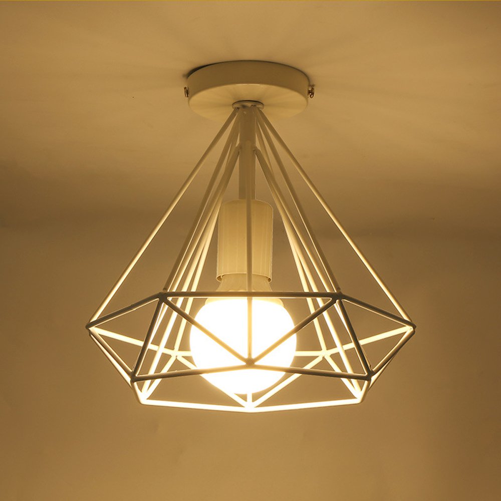 iDEGU Lot de 2 Plafonnier industriel retro cage forme diamant luminaire abat-jour 25cm E27 Blanc