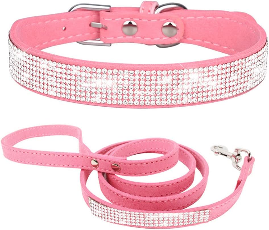 Rhinestone Dog Collar and Leash Set for Small Dogs, Fancy Bling Diamond Cat Collar Crystal Glitter Pretty Jewel Puppy Collars with Lead for XXS XS Small Medium Large Pet Dogs Kitten, Pink S
