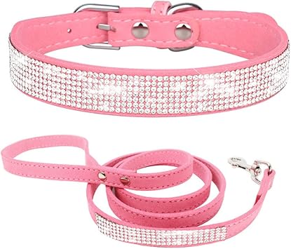 Pink Rhinestone Dog Collar and Leash Set for Medium Dogs, Pretty Bling Diamond Dog Collar Fancy Crystal Glitter Jewel Girl Dog Collars for Small Medium Female Pet Dogs, M