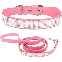Small Dog Collar And Leash Set With Rhinestone Bow Knot Crystal Diamond Colorful Bling Girl Cat Collars Pink XXS
