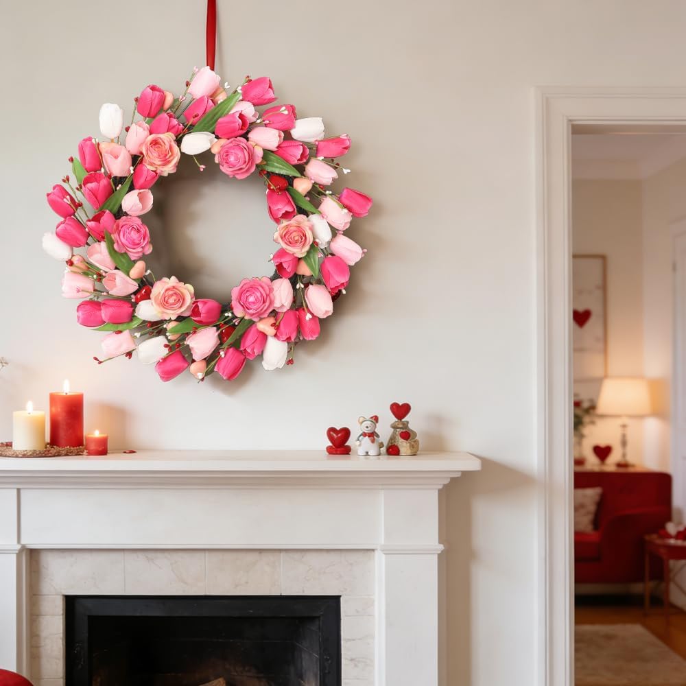 Valentines Floral Wreaths with Rose Tulips Flowers Valentine's Day Wreaths for Front Door Wall Window Porch Home Wedding Party Decorations Romantic Valentine's Day Gifts