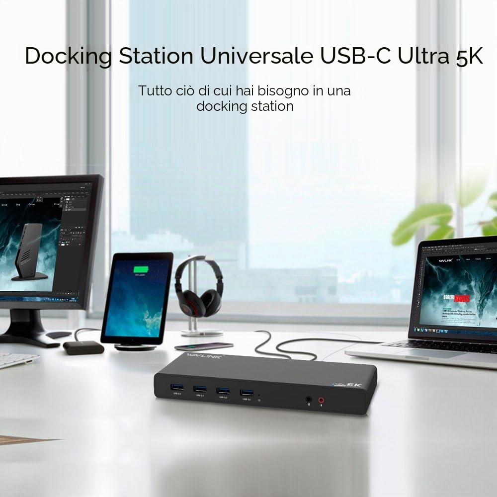 WAVLINK USB 3.0/USB C Ultra 5K Universal Docking Station supporta due uscite video 4K per Windows o Mac, Compatibile con nuovo MacBook Neo (DisplayPort e HDMI, uscita audio e Mic in, 6 porte USB 3.0)