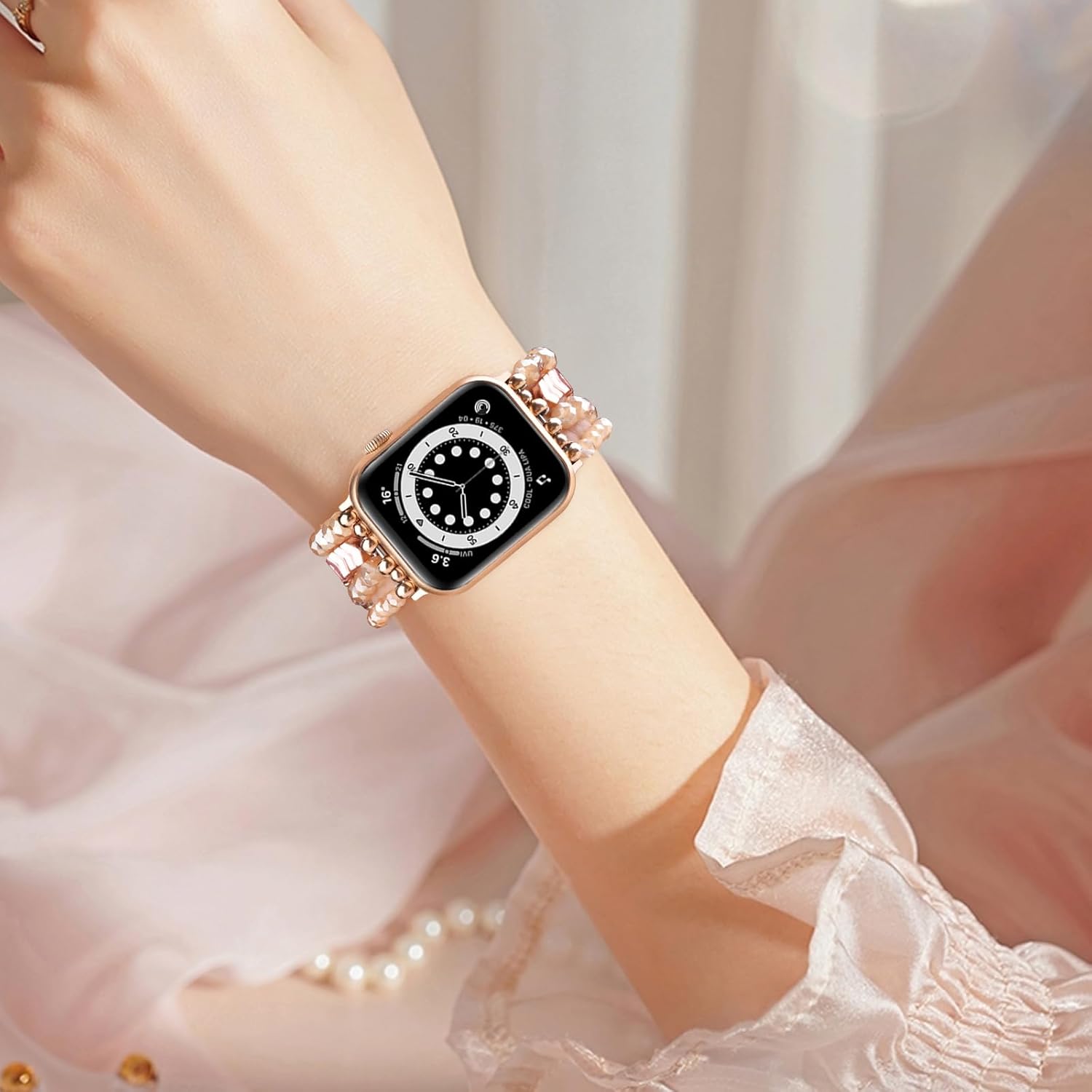 MOFREE Beaded Bracelet Compatible with Apple Watch Band Series 11/10/9/8/7, Fashion Stretch Women Bands for iWatch Series SE/6/5/4/3/2/1 iPhone Watch Strap Bands 42/44/45/49/46mm (Rose Gold/Yellowish) - Image 5