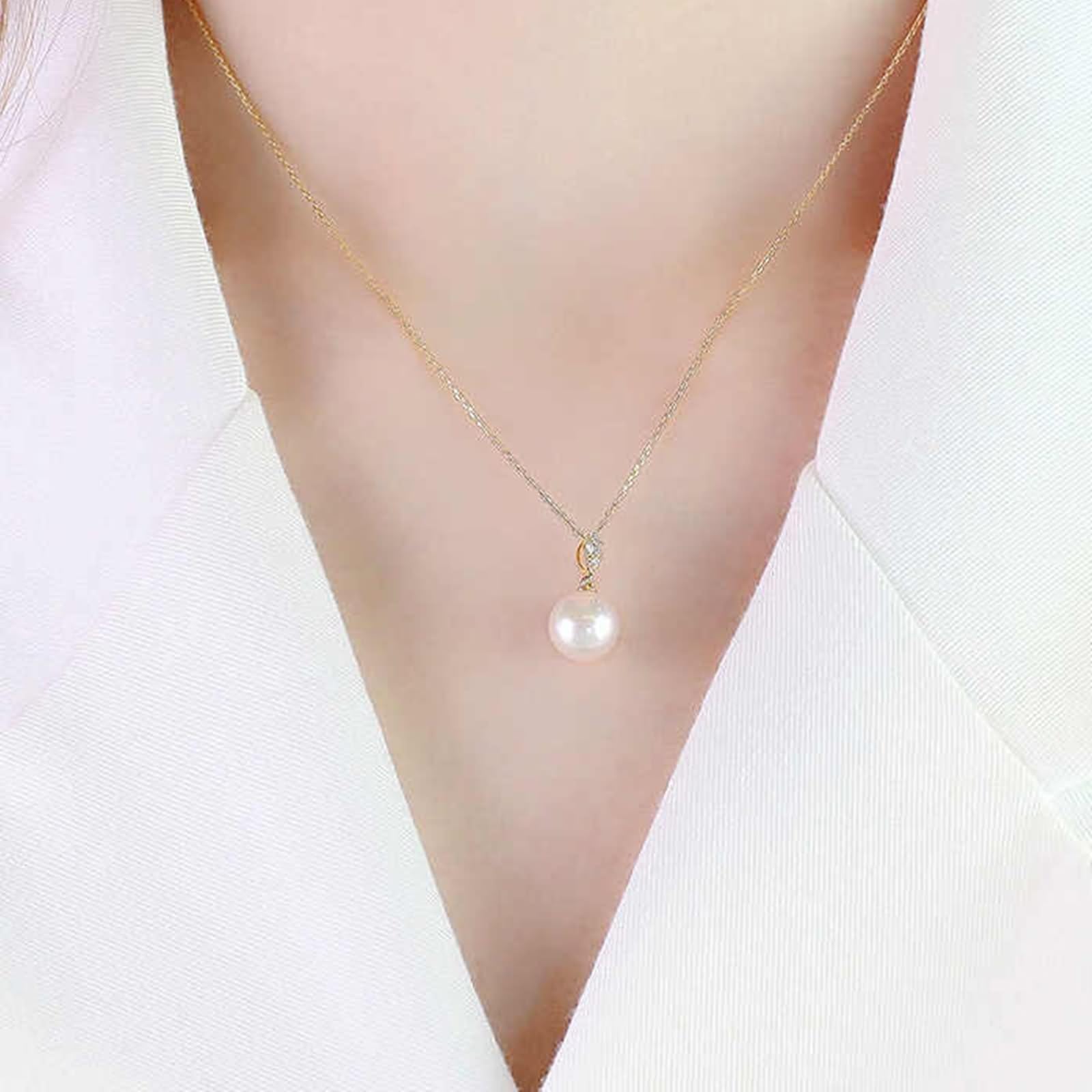 Naszyjnik damski, długi, damski łańcuszek na szyję, 8,5 mm, perła ze szlifem okrągłym 0,06 ct, diament 9K żółte złoto 45 cm